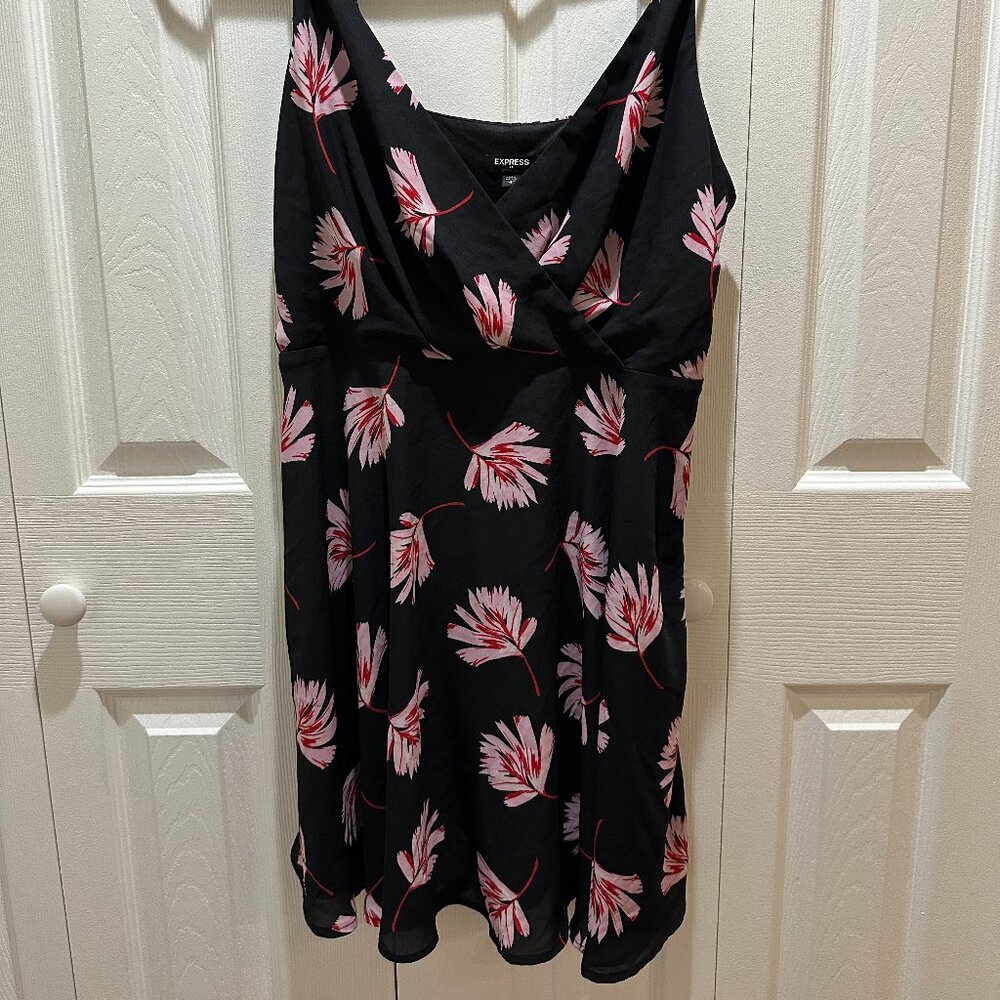 Express Black Mini Dress Pink Red Feather Print Spaghetti Straps